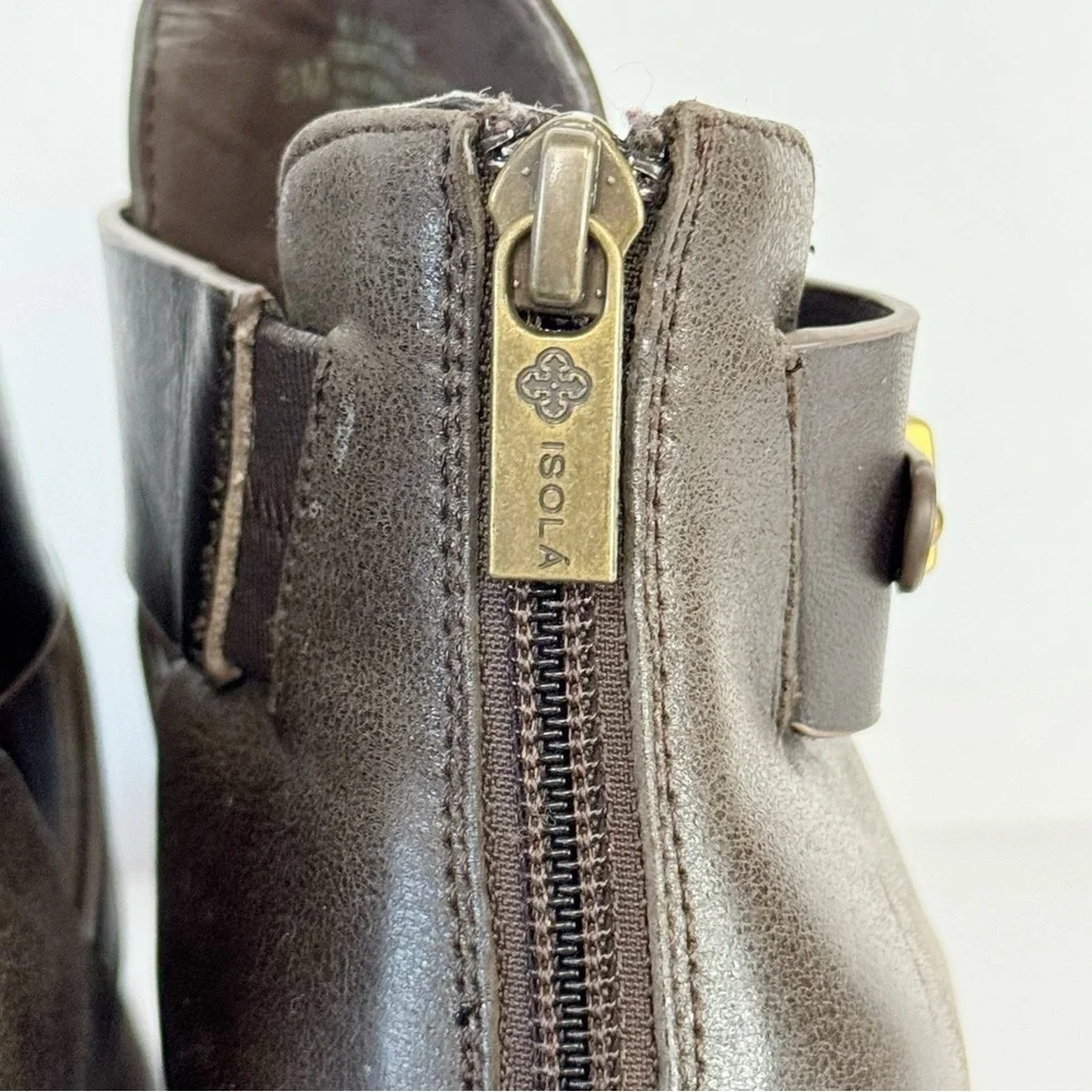 Isola Larkin Block Heel Bootie Brown Leather Zip-up Ankle Boots 8 Contemporary